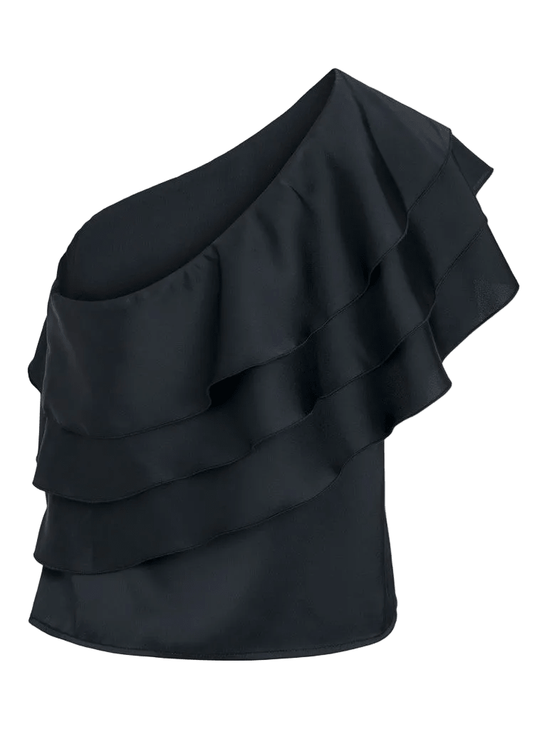 VILA VIFreja Sort: sort off-shoulder-top med flæser, tre lag og asymmetrisk halsudskæring fra VILA.