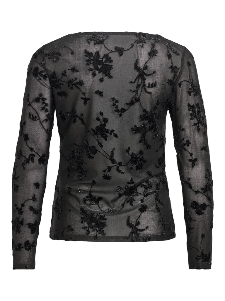 VILA VIMiranda – sort bluse i mesh med broderi, perler og figursyet pasform, der giver et raffineret look.