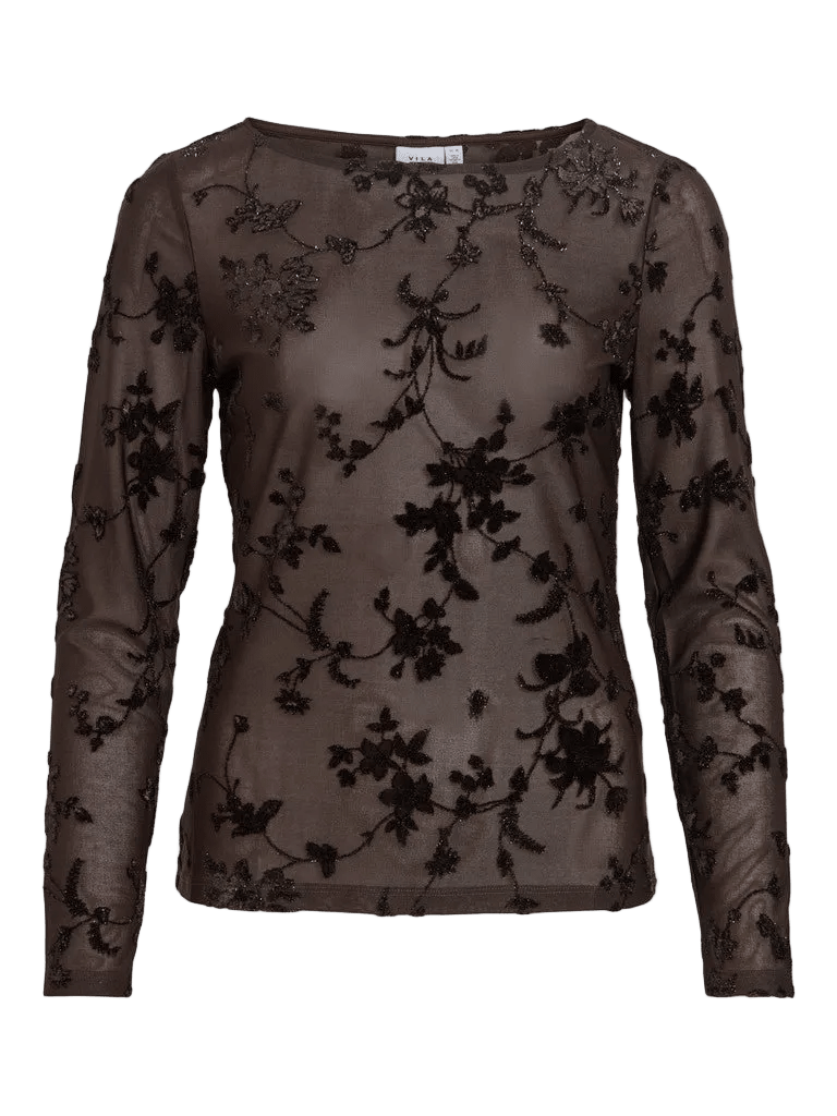 Langærmet, gennemsigtig, brun VILA - Miranda Kaffe-bluse med sort blomsterbroderi.