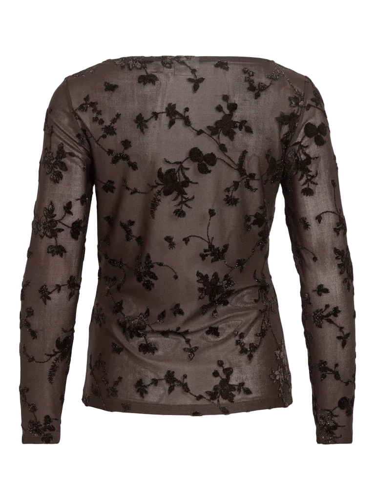 Brun langærmet 156243 | VILA – Miranda Kaffe-bluse i gennemsigtigt stof med et sort blomstermønster i fløjlsagtig stil.
