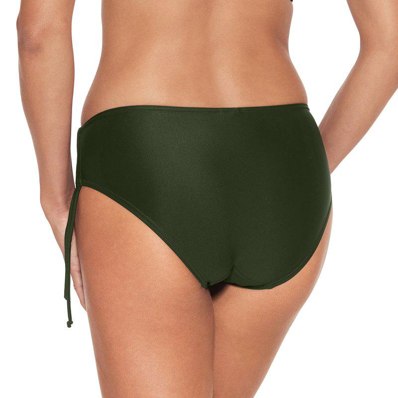 Model på Wiki – Olive Mørk-bikiniunderbukser i militærstil, vist bagfra på hvid baggrund.