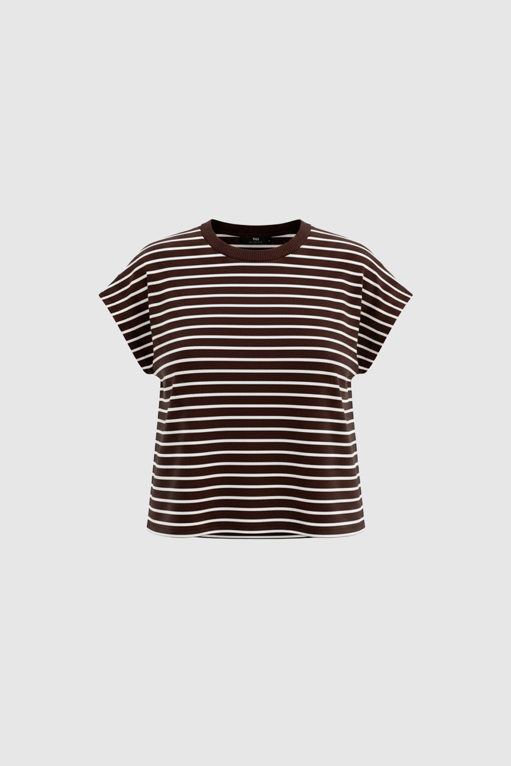 WithBlack Florence Stribet – brun og hvid stribet bomulds-T-shirt med korte ærmer på en lysegrå baggrund.