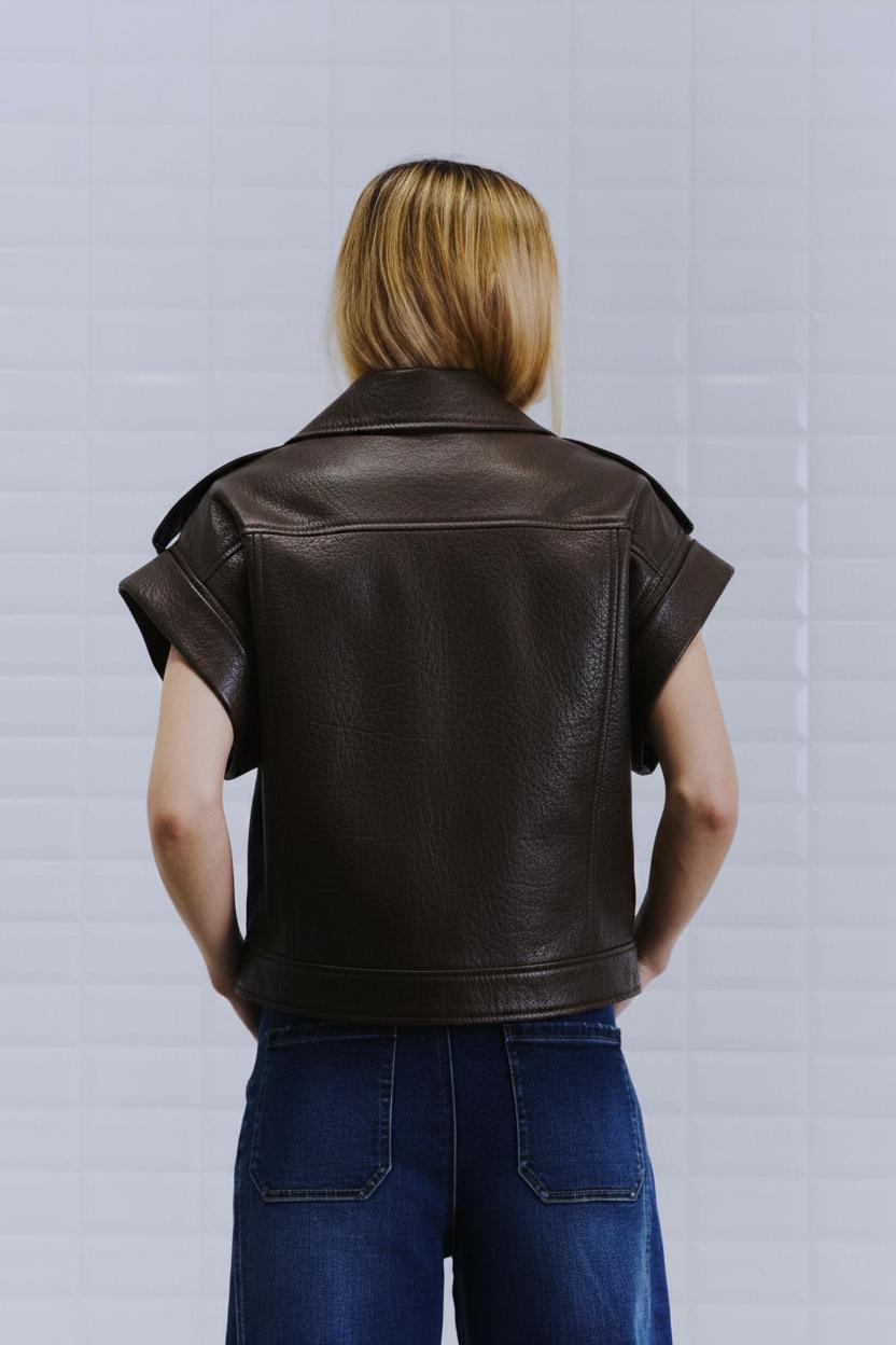 En person med blondt hår i en bikerjakke fra WithBlack og blå jeans, set bagfra.