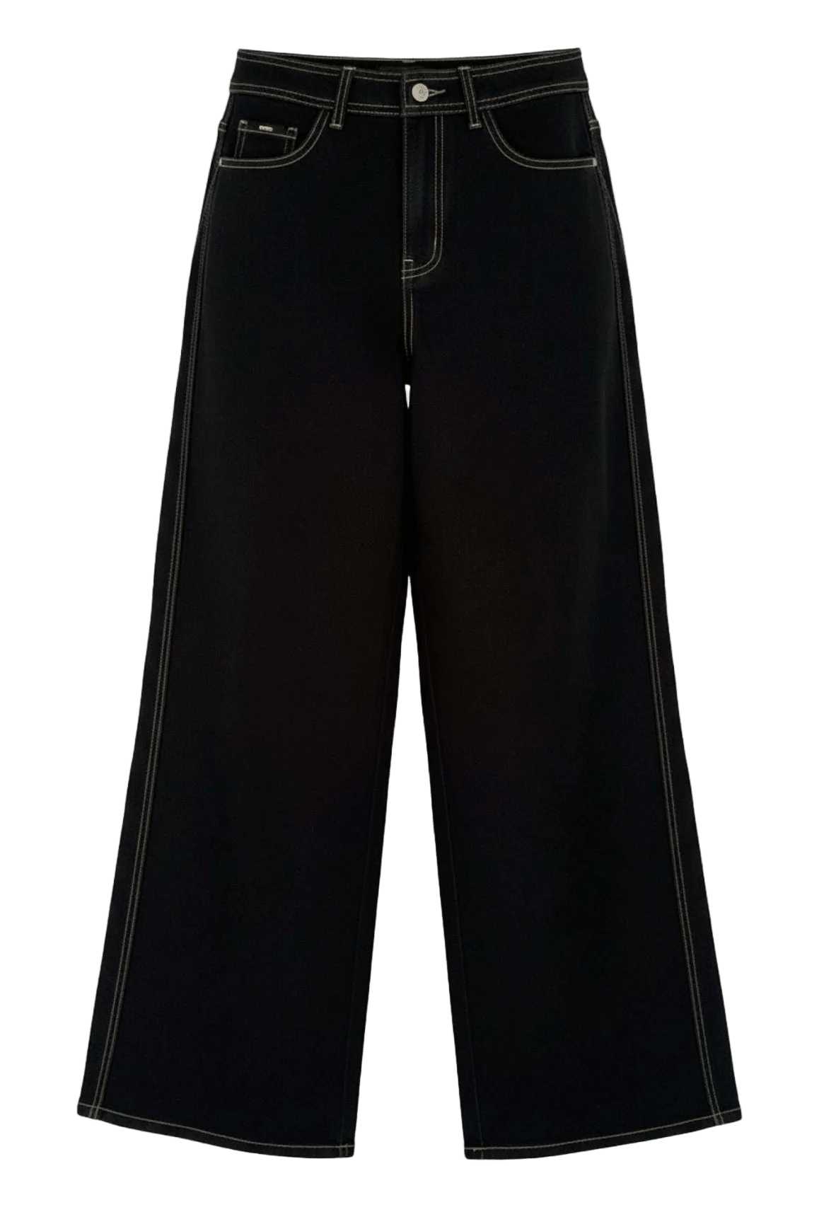 WithBlack Wblphylis 155631: jeans i mørk denim med brede ben, hvide sømme, forlommer og bæltestropper.