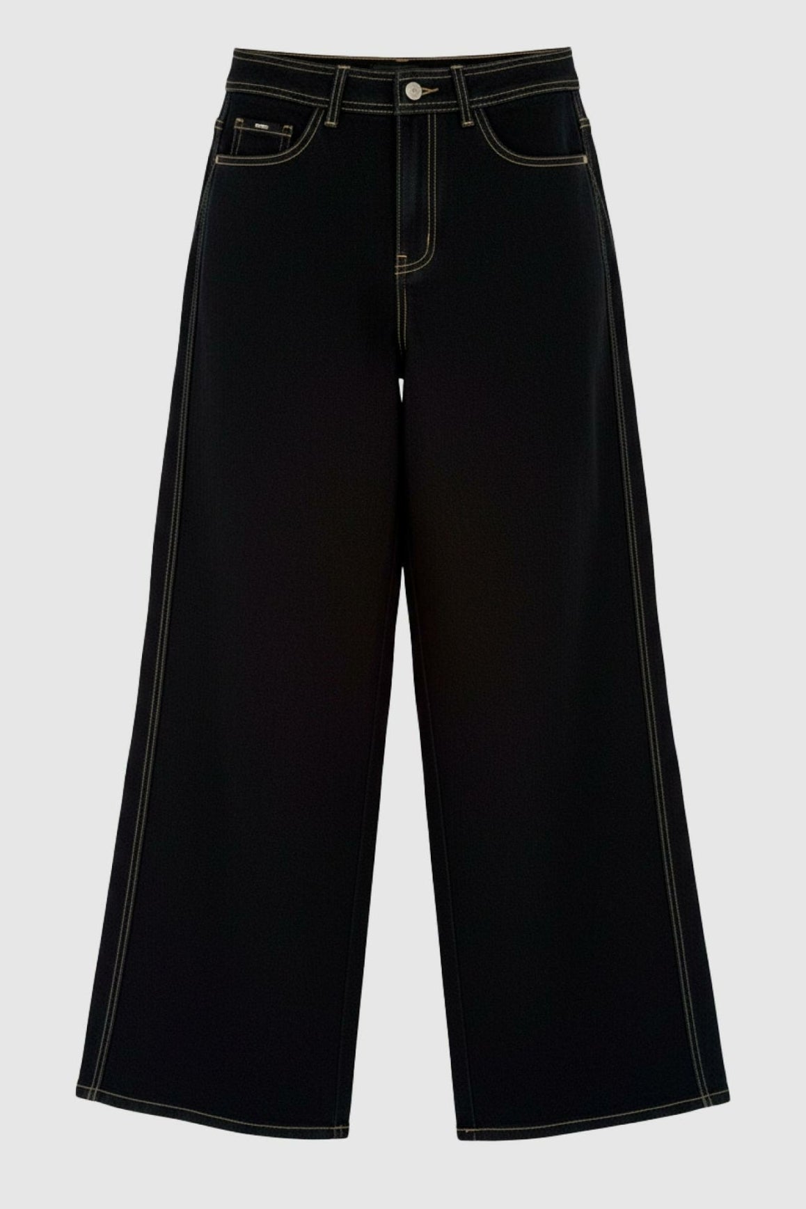 WithBlack Wblphylis 155631: mørkeblå jeans med høj talje og brede ben, kontrastsyninger og knaplukning foran.