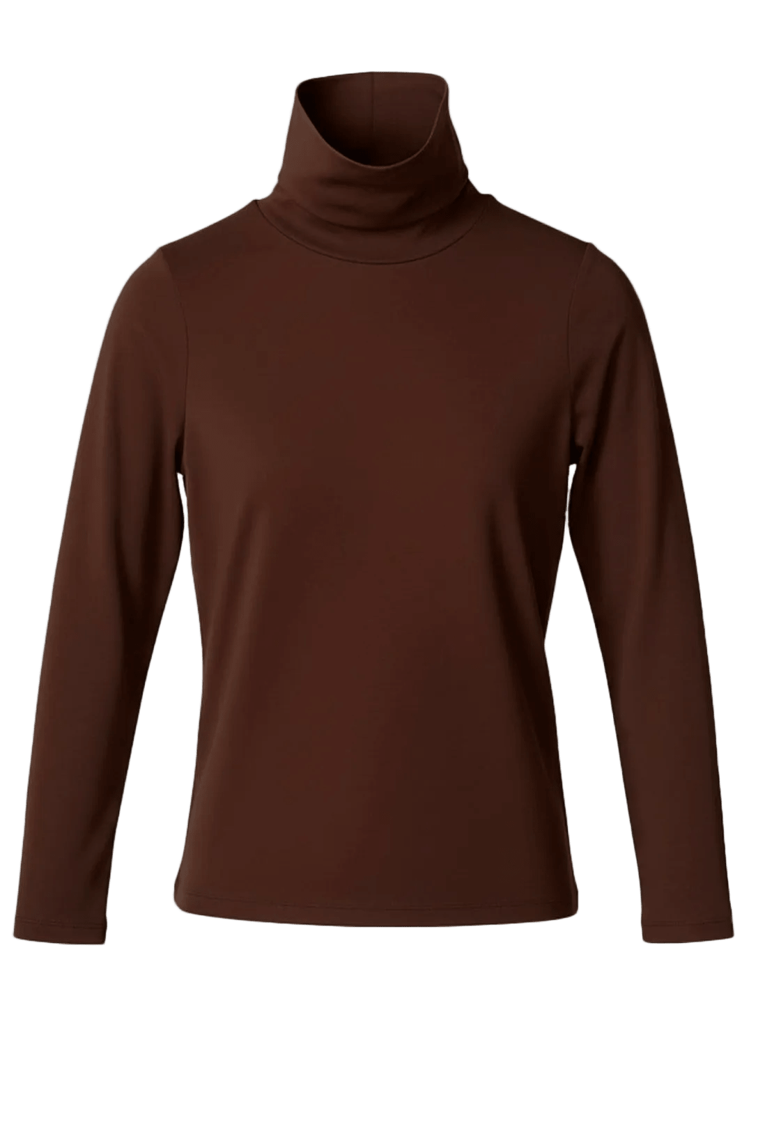 WithBlack Wbllena Mørkebrun, slim fit, langærmet rullekravebluse, set forfra på hvid baggrund.