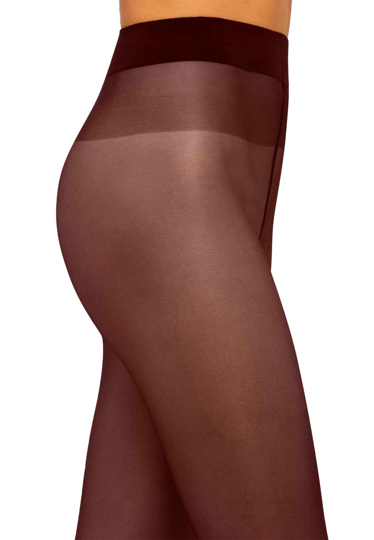 Model iført Wolford Satin Touch 20 Midnight Red strømpebukser, der går fra taljen til midt på låret, fotograferet på en ensfarvet baggrund.