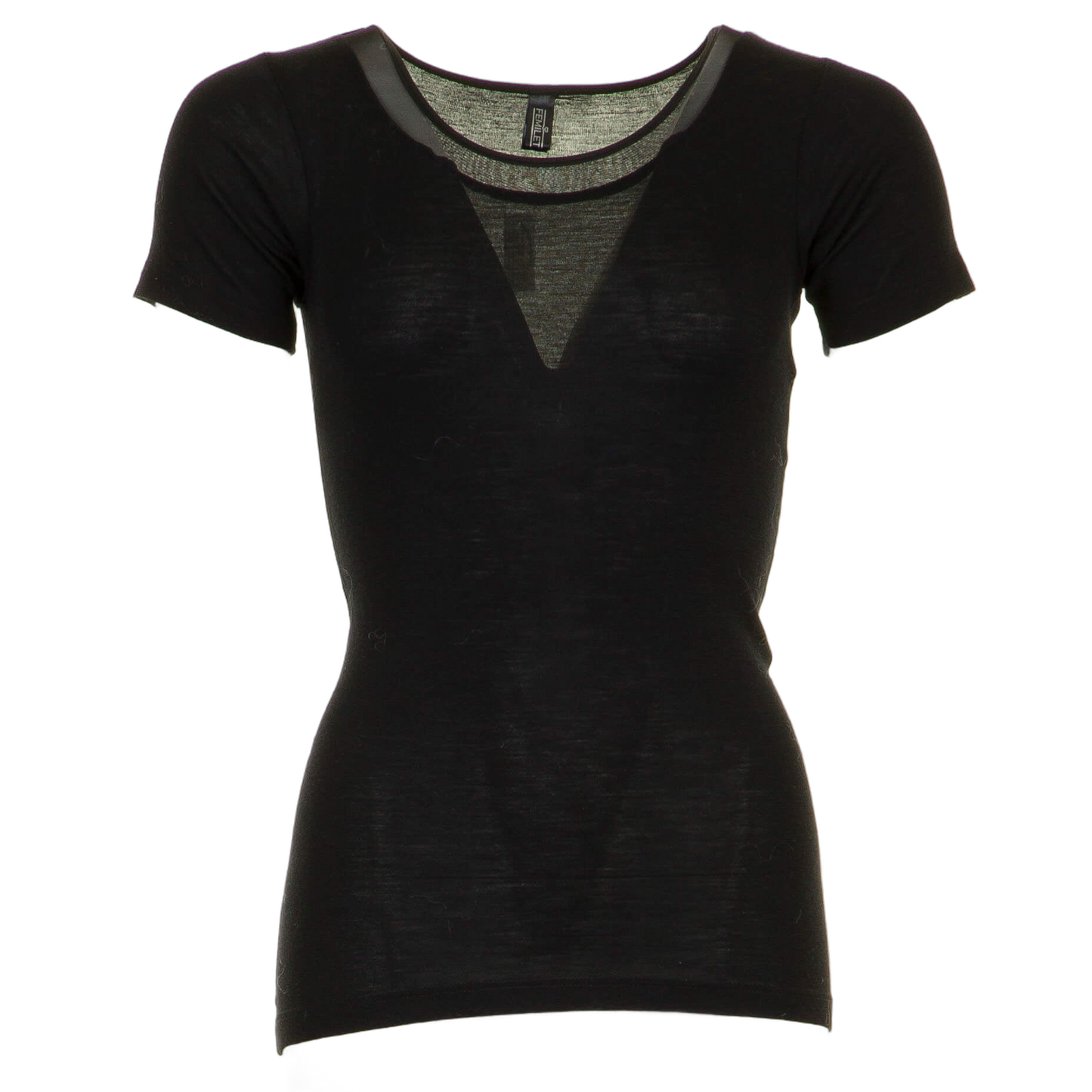 T-shirt i sort merinould med korte ærmer og meshkant