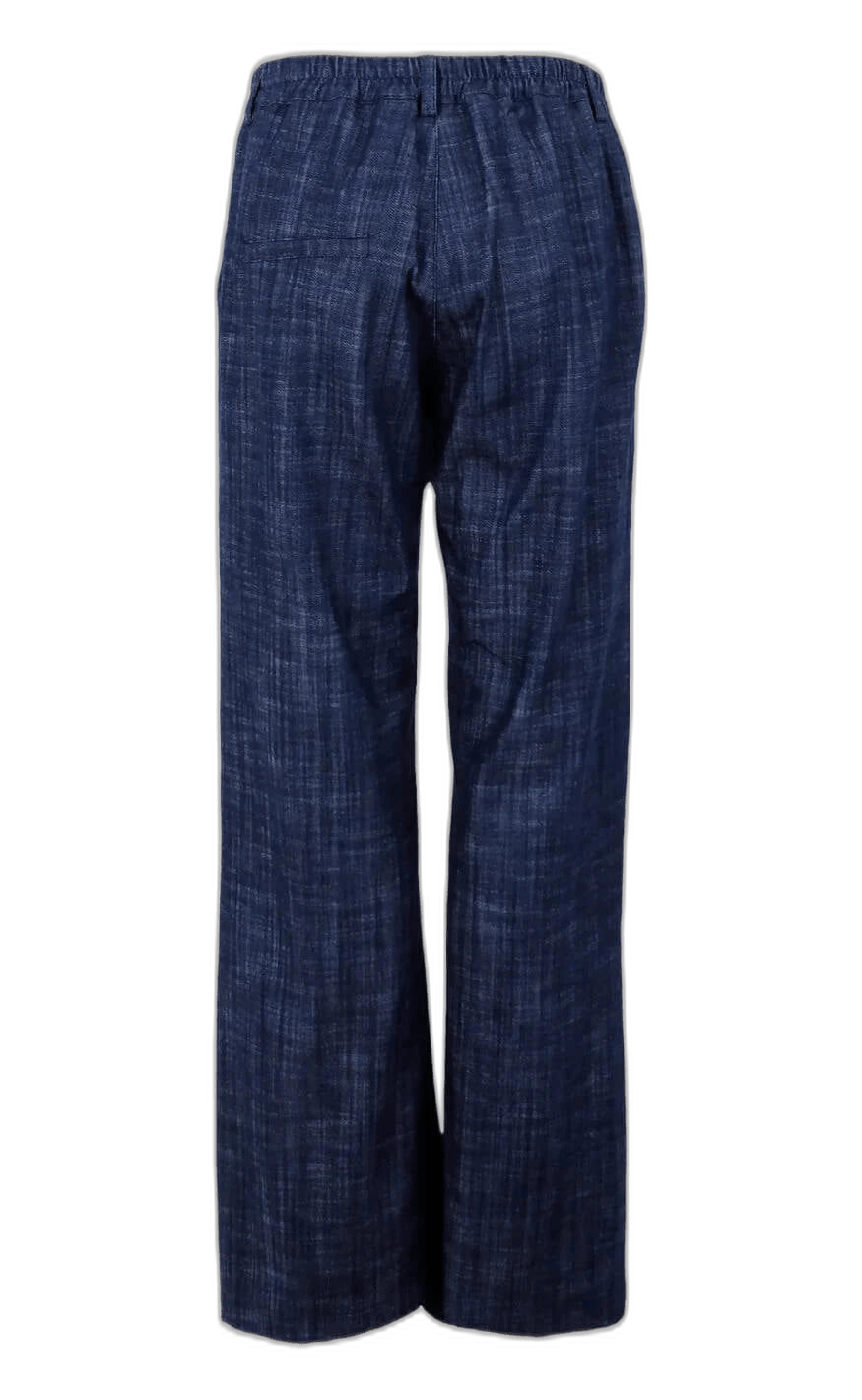 Sort farve 145686 Box Denim-bukser i sort med elastisk linning og brede, lige ben, vist på hvid baggrund.