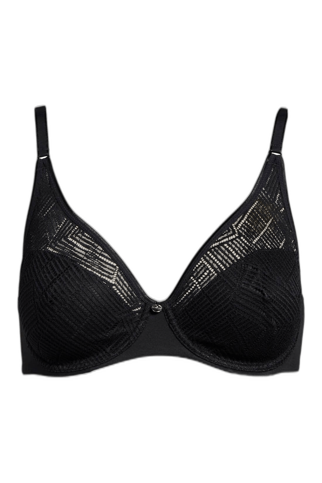 Chantelle EasyFeel Emma Black-bh med mønstrede mesh-skåle, justerbare stropper og en lille detalje i midten.