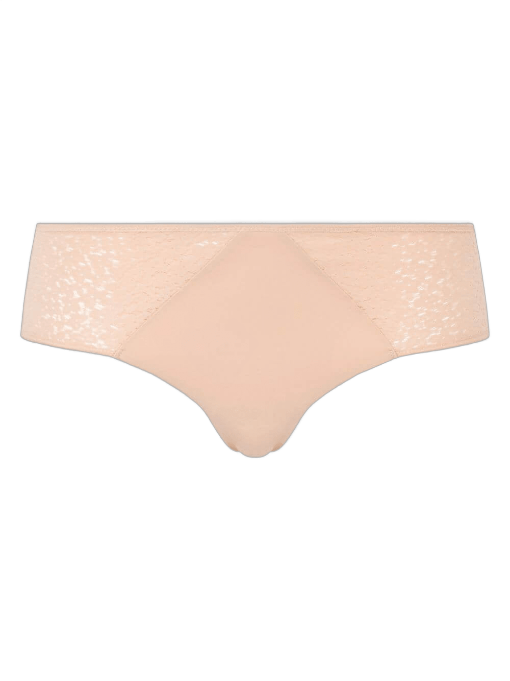 Chantelle EasyFeel Norah 145155 hipster-trusser i gyldenbeige med blonderkant, set forfra på hvid baggrund.