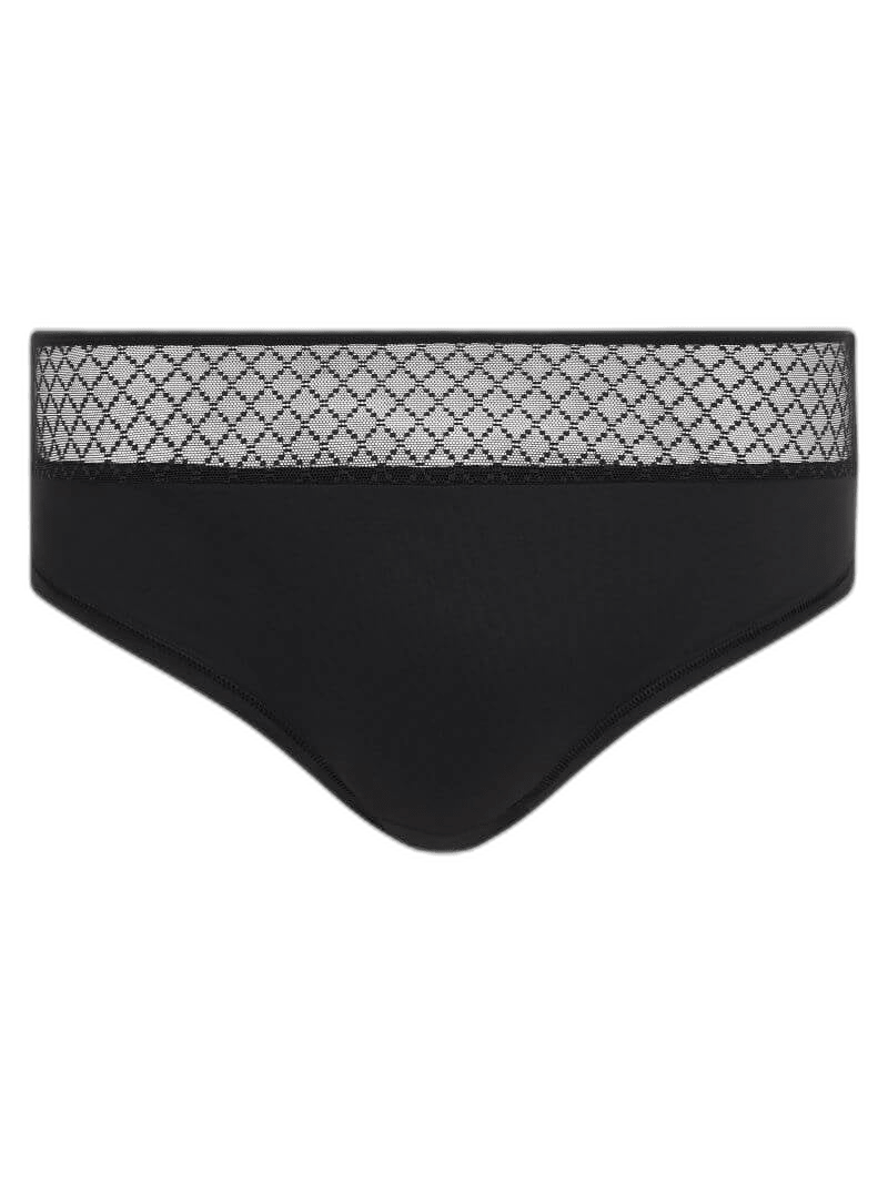 Chantelle EasyFeel Norah Chic 011 Sort: sort bikini-undertøj med gennemsigtig diamantmønstret mesh-taljebånd på hvid baggrund.