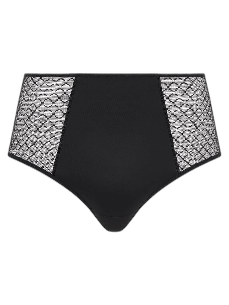 Chantelle EasyFeel Norah Chic 011 – sort maxi-trusse med høj talje og sider i diamantmønstret net, vist på hvid baggrund.
