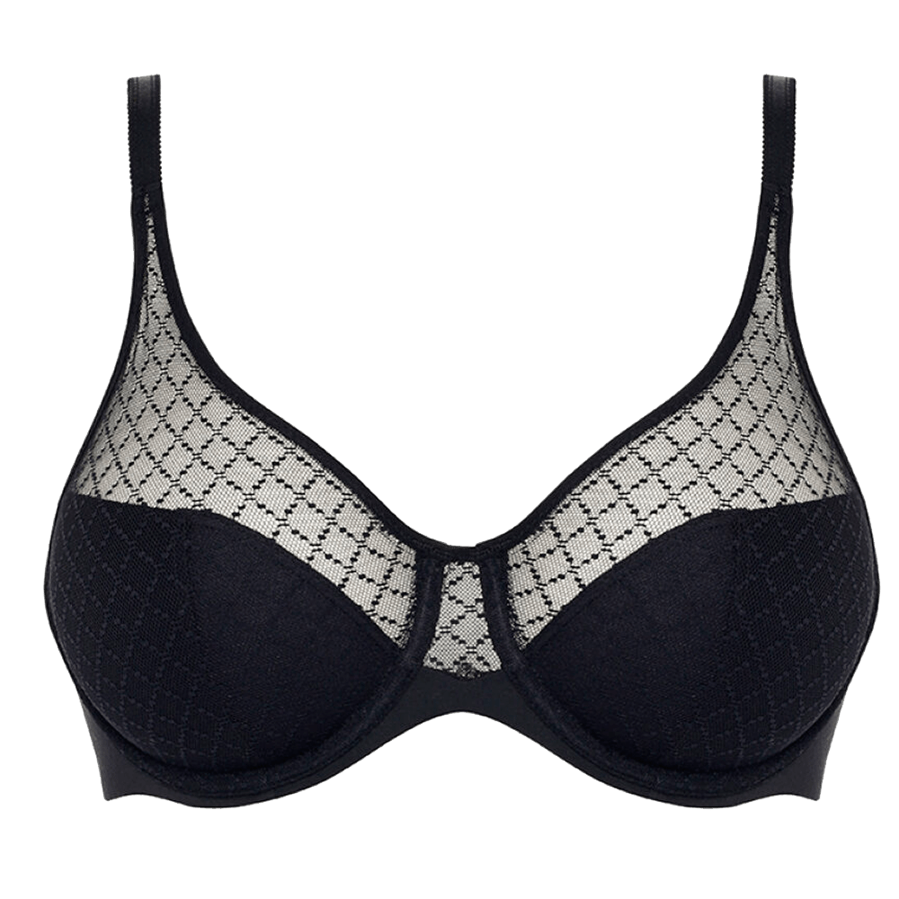 Chantelle EasyFeel Norah Chic 011 Sort bh med bøjle, gennemsigtigt net og geometrisk mønster på overcupen.