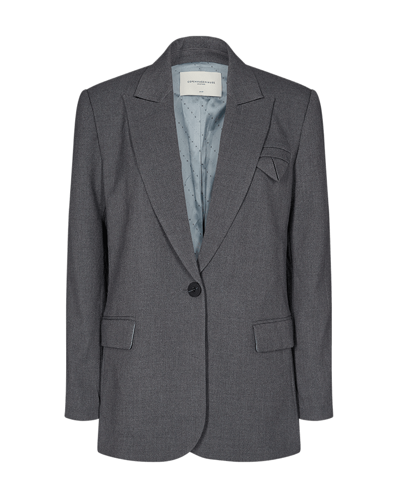 Copenhagen Muse 138981 Tailor Grå blazer: én knap, skrå revers, lommer med klap – et klassisk must-have.