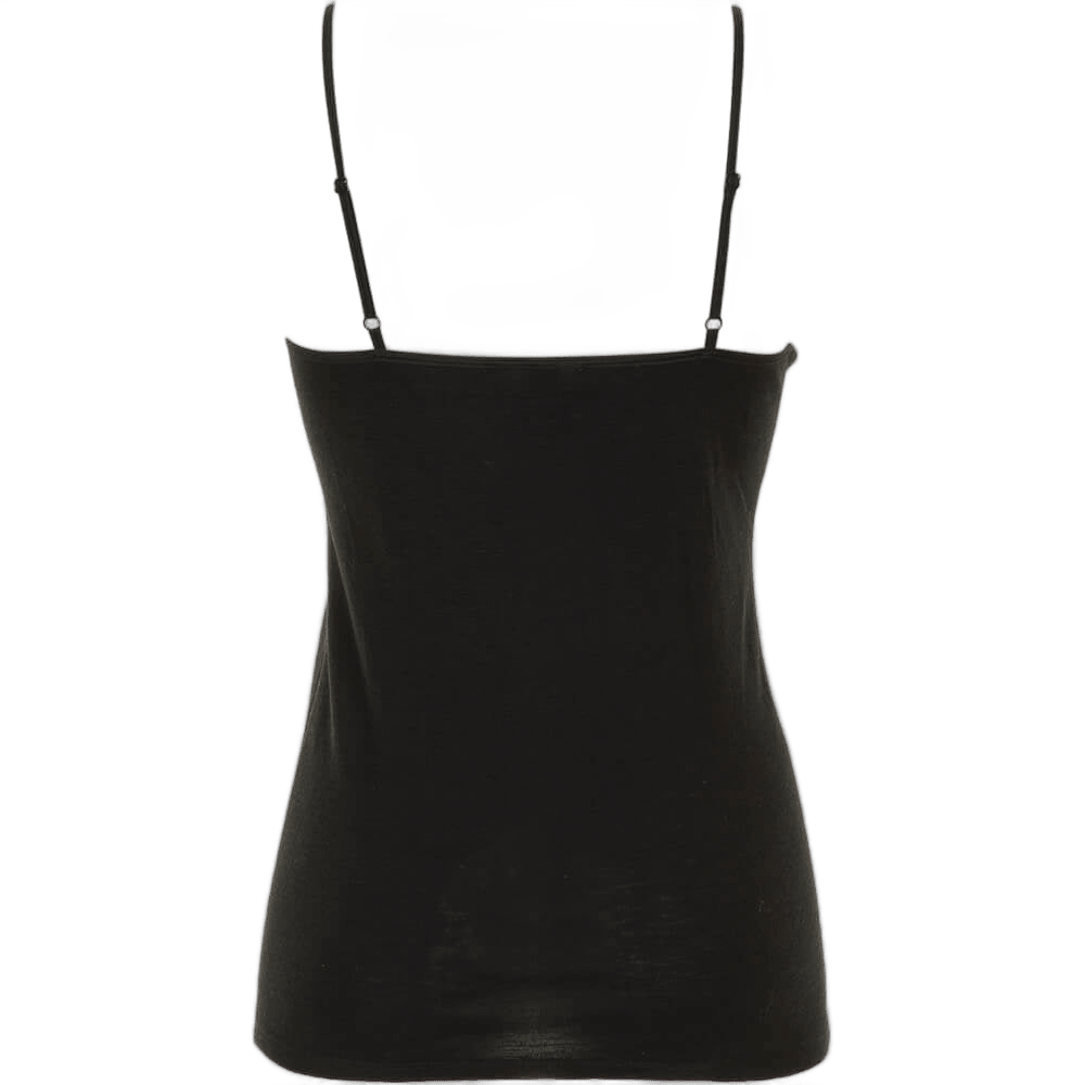 FEMILET Juliana Sort camisole i sort merinould med spaghettistropper, vist set bagfra på hvid baggrund.