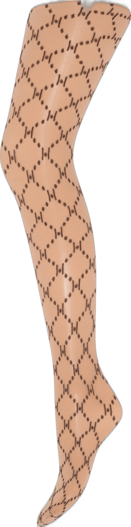 144105 | HYPE THE DETAIL Logo 25app Brune mønstrede strømpebukser vist på en mannequins ben; gennemsigtige i nudefarve, med mærkelogo.