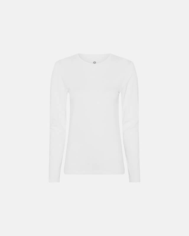 JBS fra Danmark 142977 Slim LS Bamboo Hvid langærmet T-shirt med rund hals, vist på hvid baggrund.