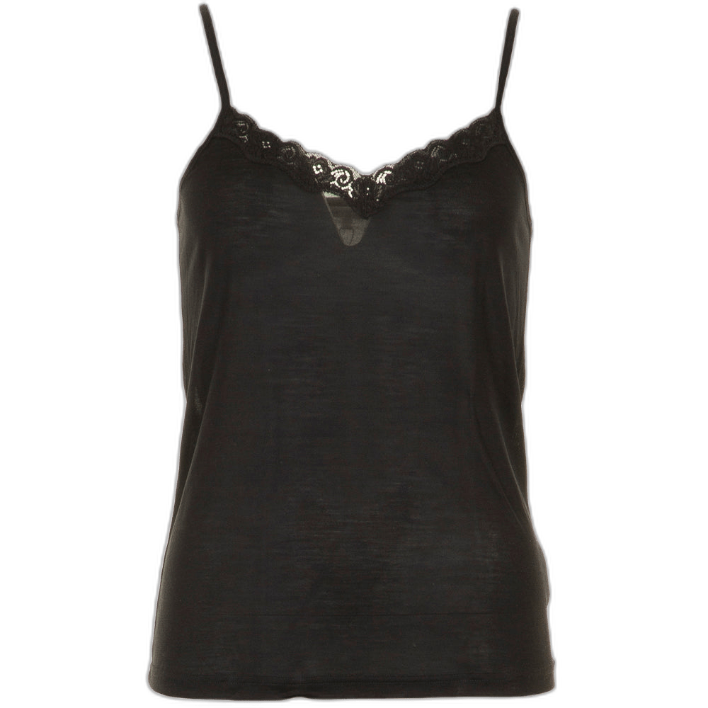 Lady Avenue 111929 Sort camisole i ren silke med blondekant og tynde stropper.