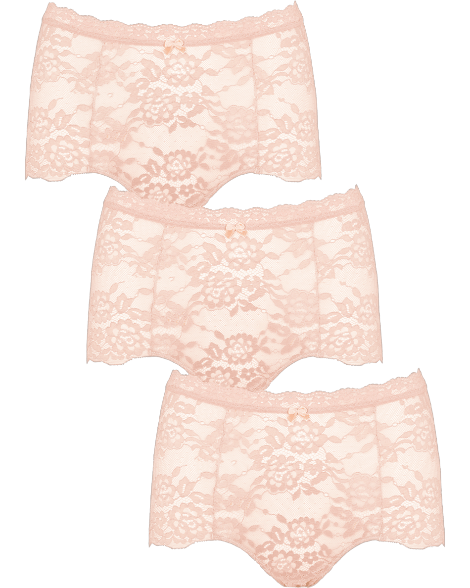 Tre par Missya Lace 3-Pack Hud-trusser ligger pænt opstillet på en ensfarvet, hvid baggrund.