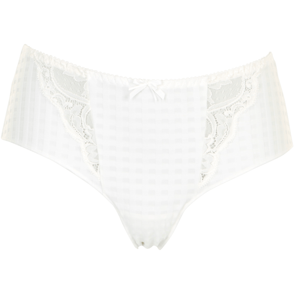 PrimaDonna Madison hipster-trusser i off-white: ternet, lav talje, let gennemsigtig med sløjfe og blonde-detaljer.