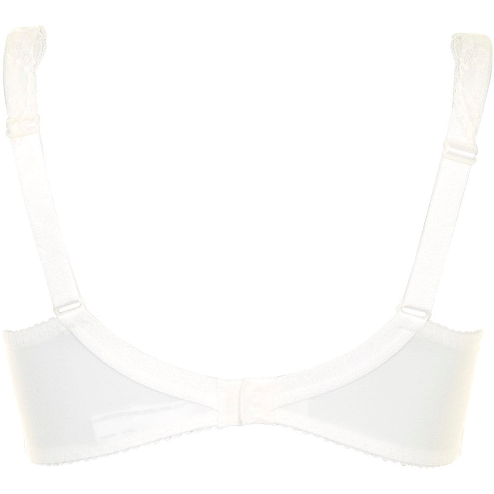 Bagsiden af PrimaDonna Madison Natur Off-white-bh med justerbare stropper, hægte- og øje-lukning samt blonde-detaljer på hvid baggrund.