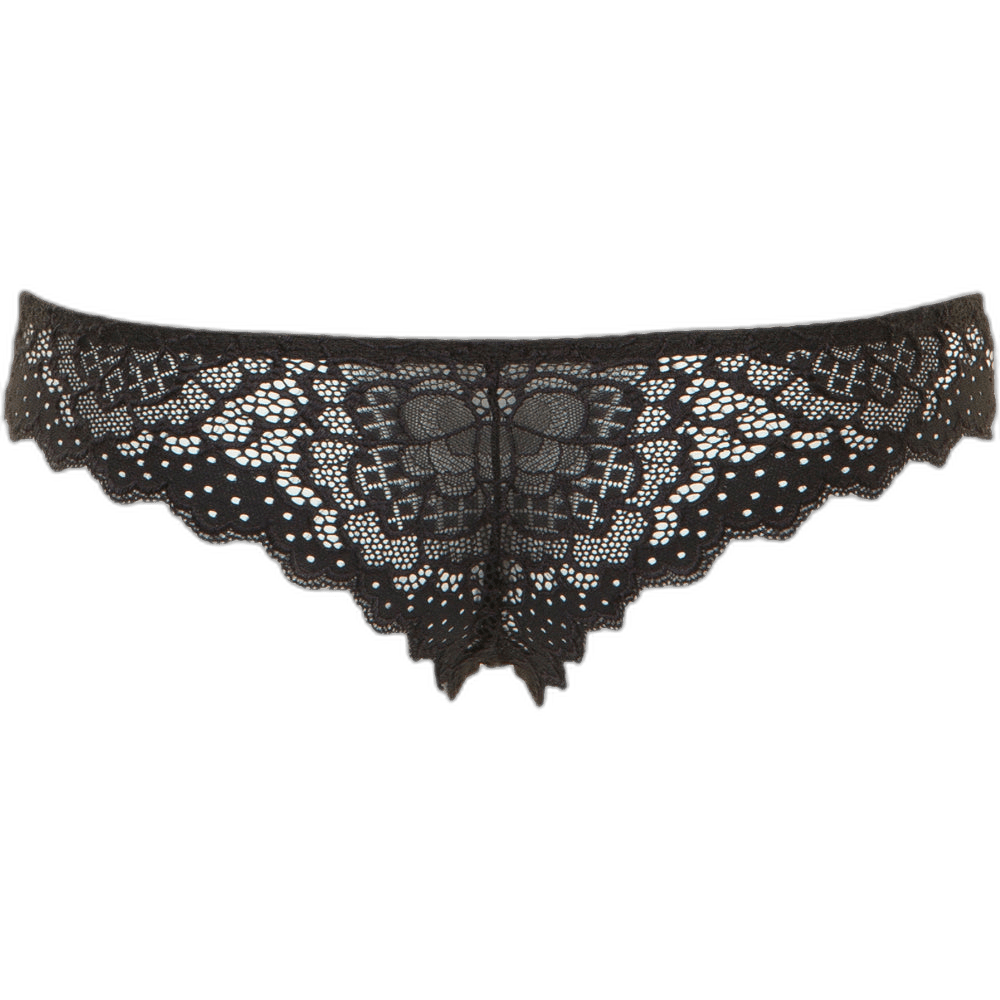 Simone Perele Caresse 015 Sort G-streng i sort blonder med blomsterdetaljer, vist fladt på hvid baggrund.
