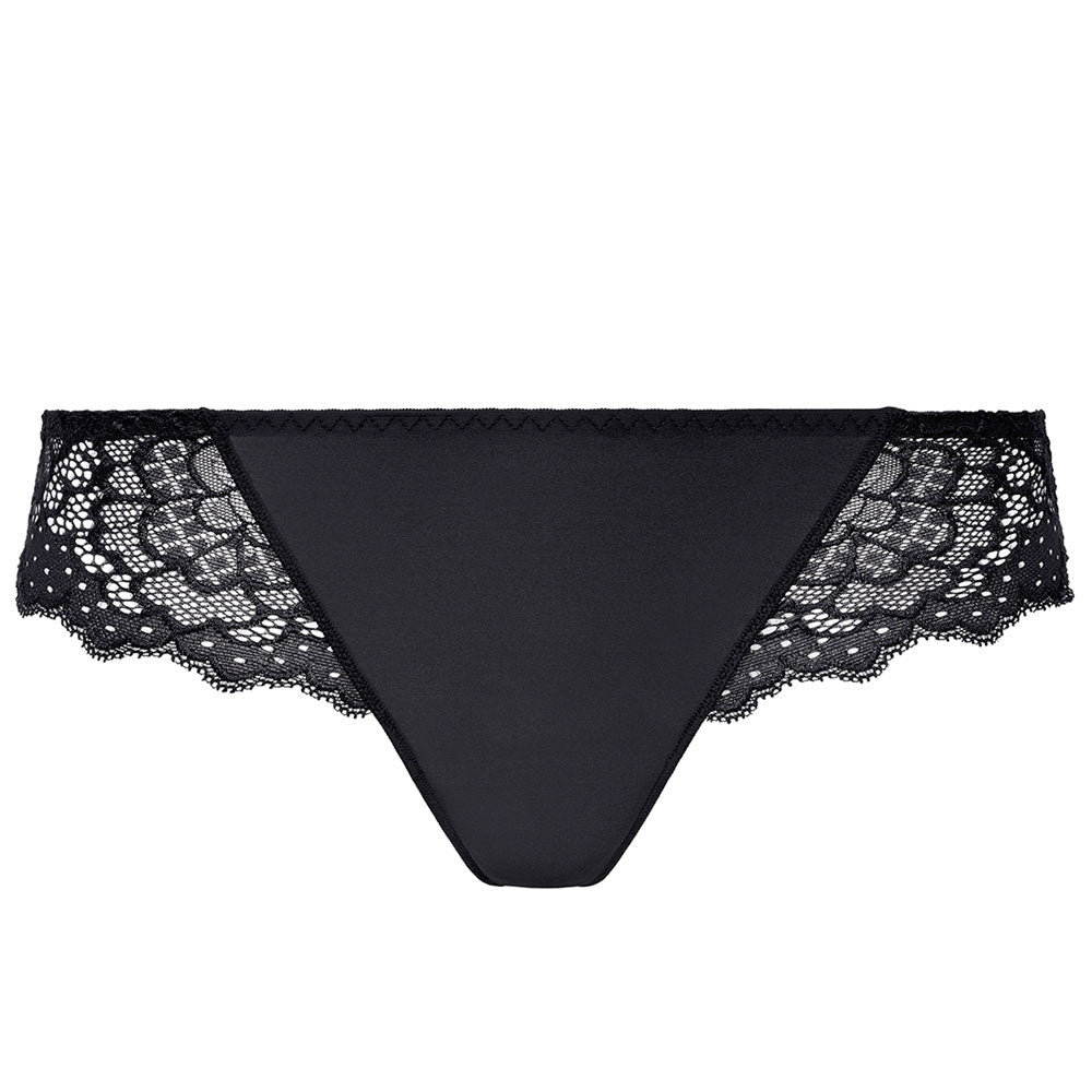 Simone Perele Caresse 015 Sort: sort blondertrusse med ensfarvet front og gennemsigtige blonderkanter på hvid baggrund.