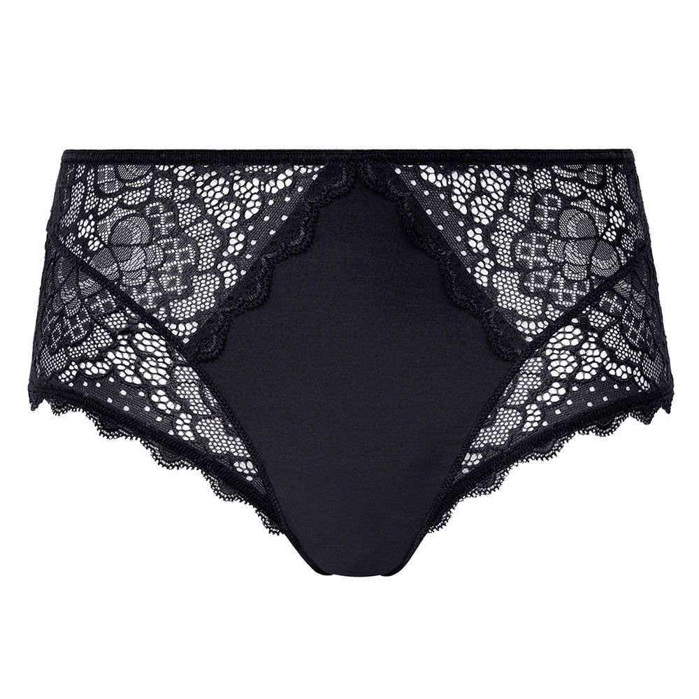 Simone Perele Caresse 015 maxi-trusse i sort blondestof med blomstermønster og elegante bølgekantede kanter.