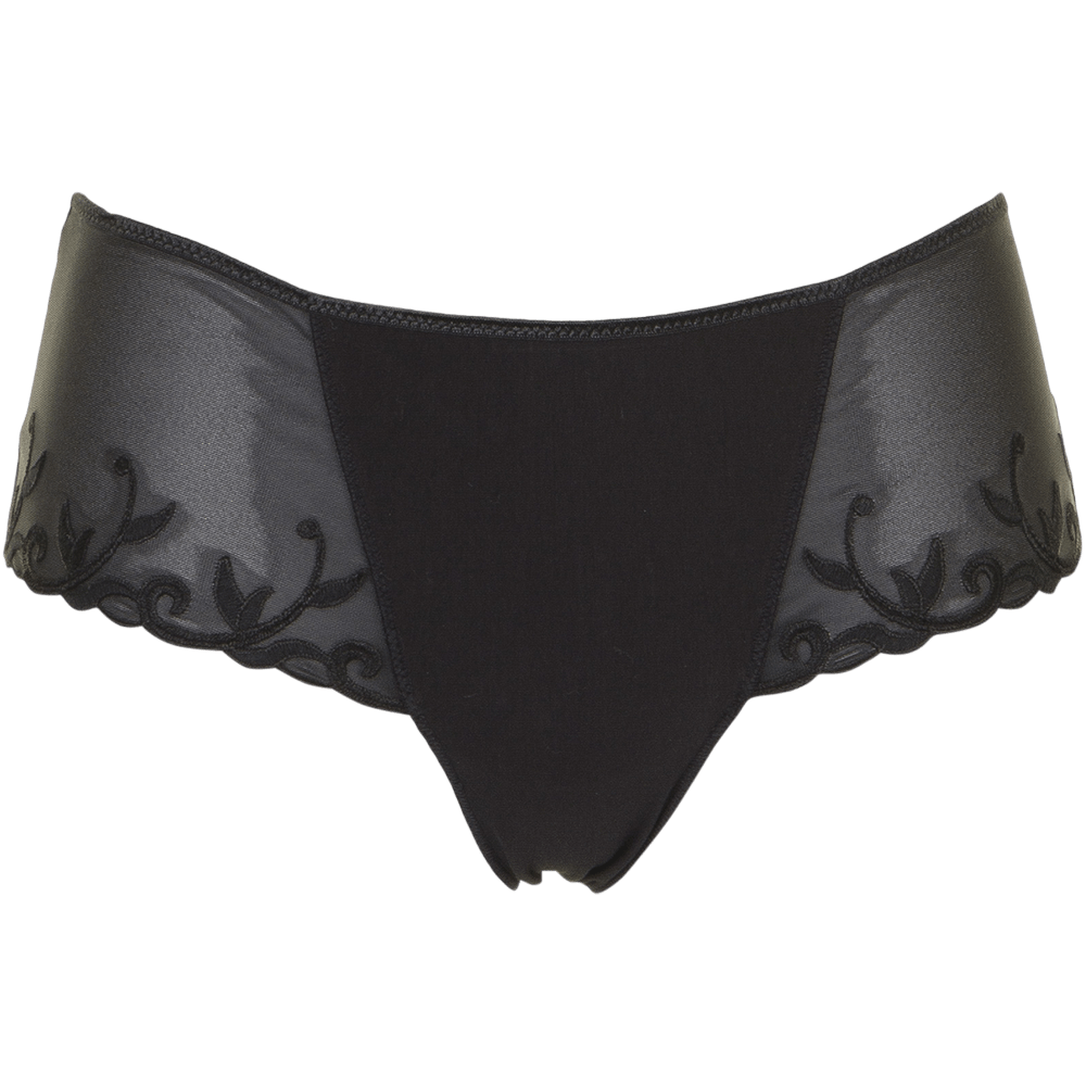 Simone Perele Andora 015 – Sort hipster-trusse med gennemsigtige sidepaneler og broderi på hvid baggrund.