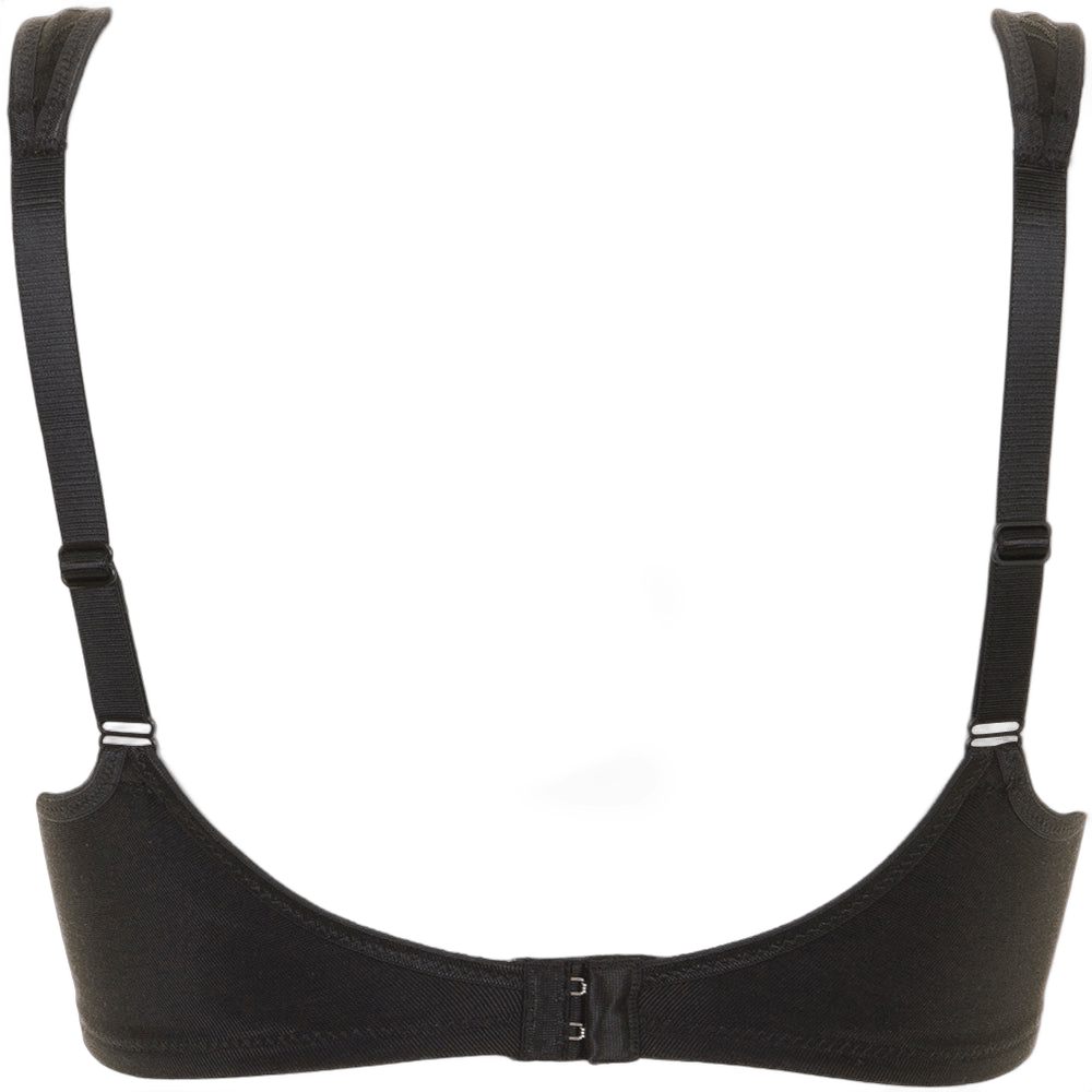Triumph Elegant Cotton N Sort-bh set bagfra med justerbare stropper og lukning med to kroge på hvid baggrund.