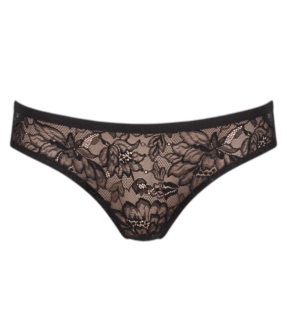 Triumph Amourette Charm 0004 Type: sort blonder-thong med blomsterdetaljer, vist på hvid baggrund.