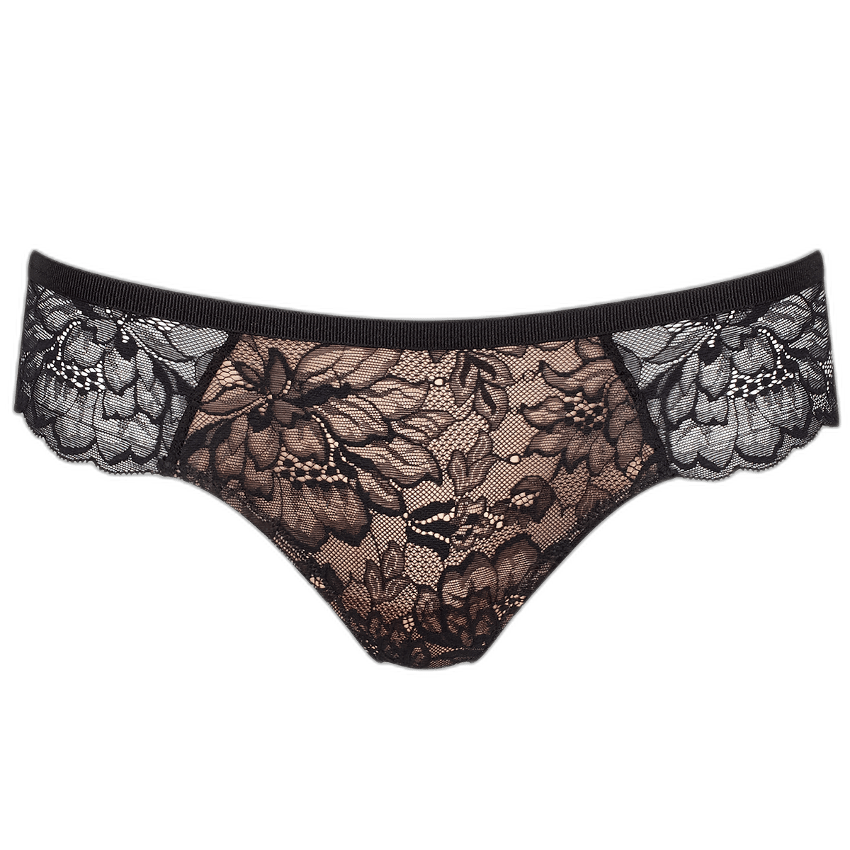 Triumph – Amourette Charm 0004 Sort: Sort, blond G-streng med blomsterblonder, vist på hvid baggrund.