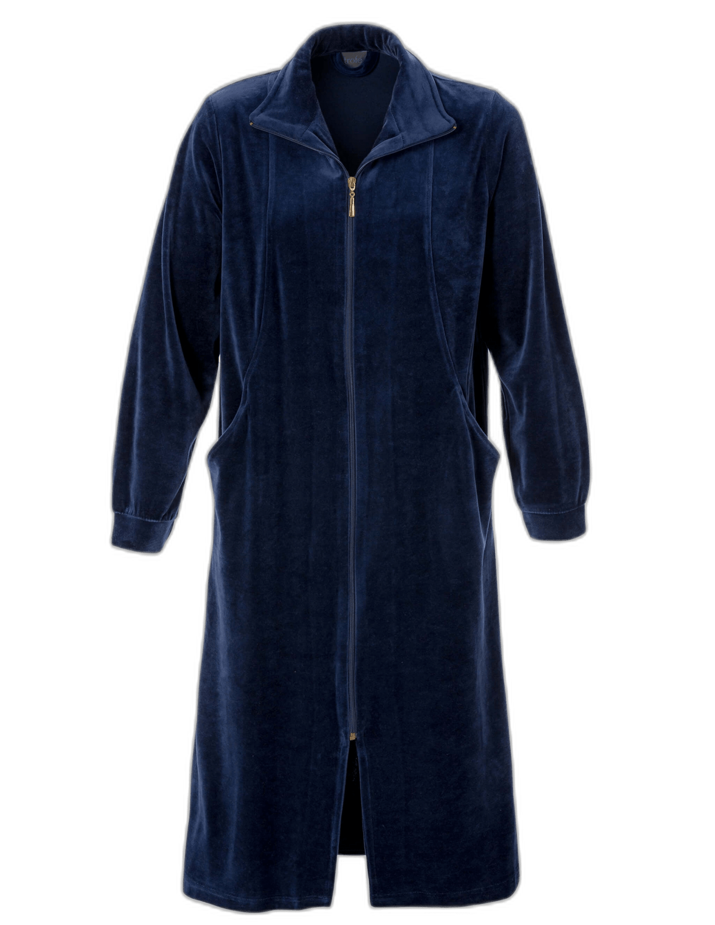 TROFÉ Velour Zip Style Mørkeblå: Navyblå langærmet kåbe med lynlås, opretstående krave og lommer – perfekt til afslapning.