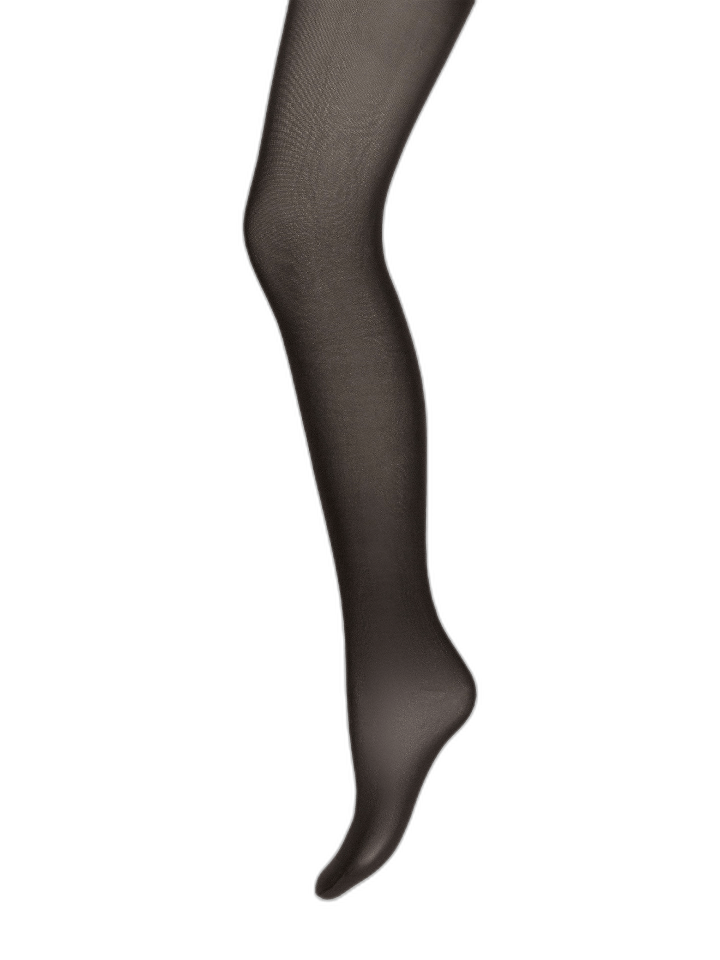Et enkelt ben i et gennemsigtigt Wolford Neon 40 Black W-strømpebuks, der skimrer, vist på en ensfarvet hvid baggrund.
